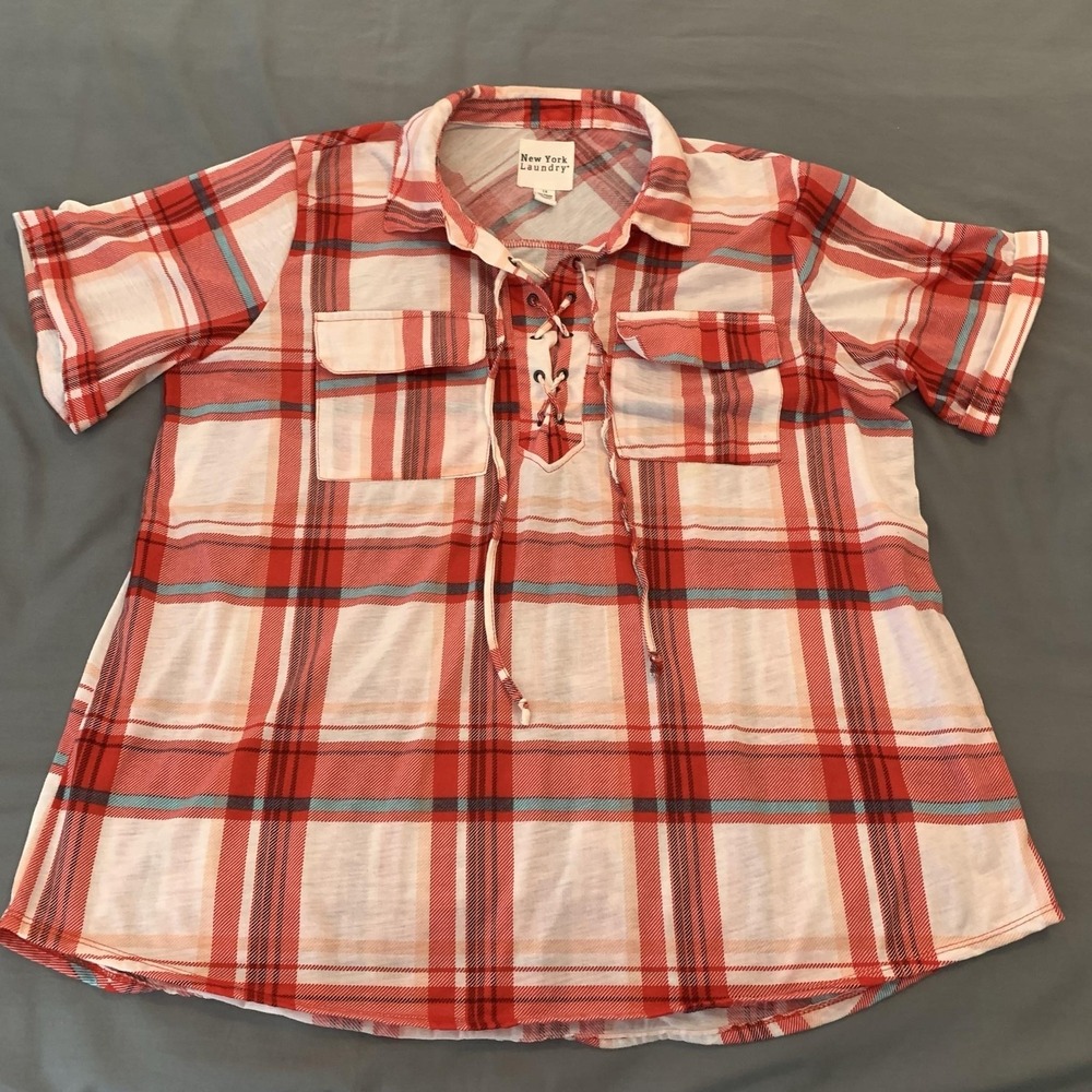 New York Laundry Blouse Womens 1X Plus Red‎ Plaid Short Sleeve Lace Up Tunic
